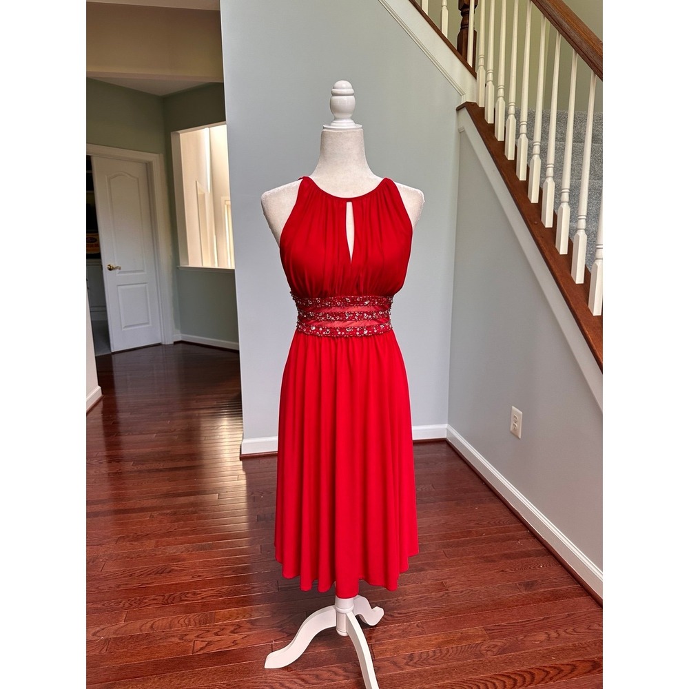 CB 1962 Formal Red Silver Beaded Embellished Waist Cocktail Dress - Picture 5 of 8